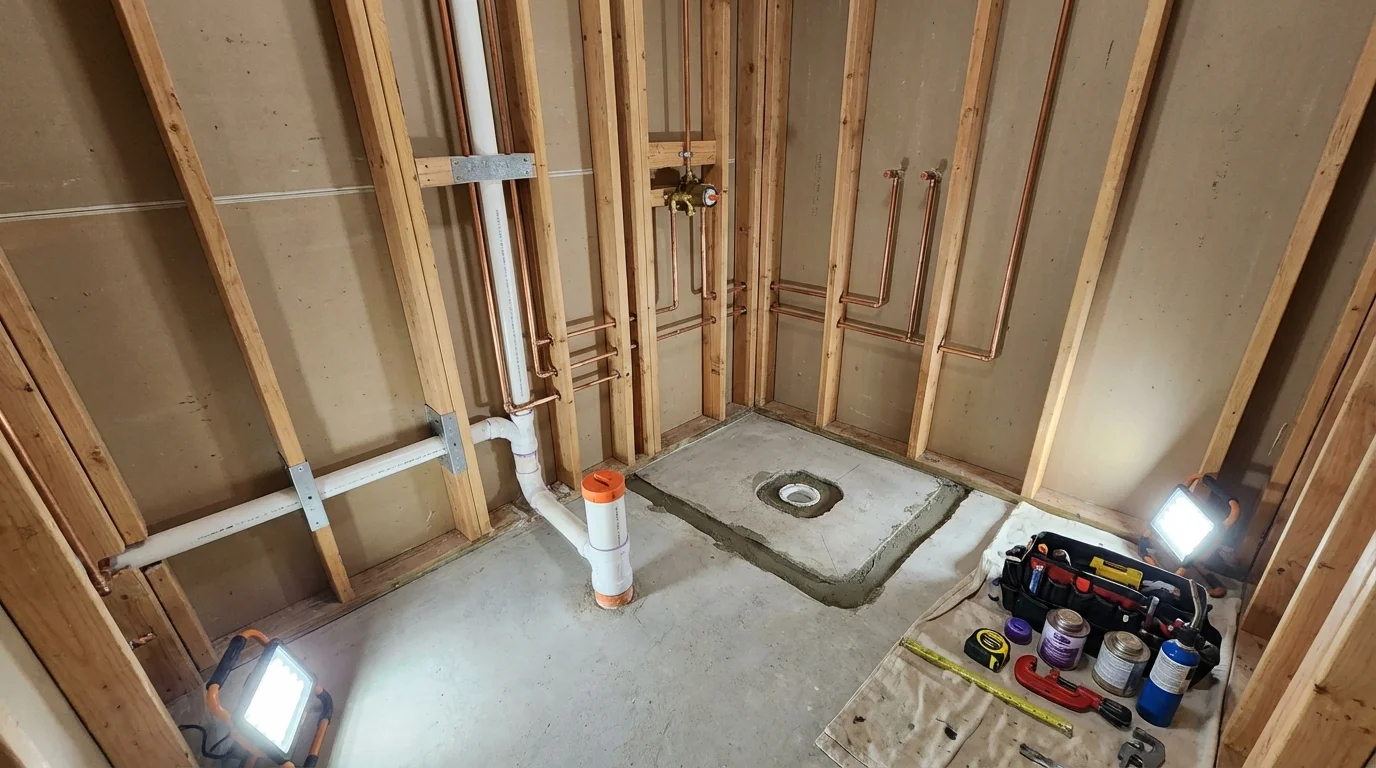Bathroom rough-in plumbing during remodel by Johns Plumbing LLC in Chaparral
