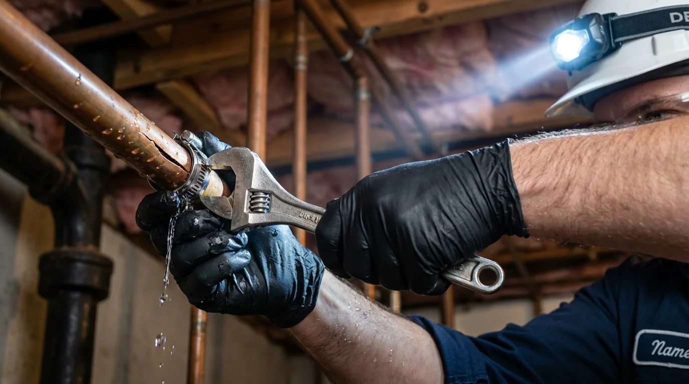 Emergency pipe clamp repair being performed by a Johns Plumbing LLC plumber in Chaparral
